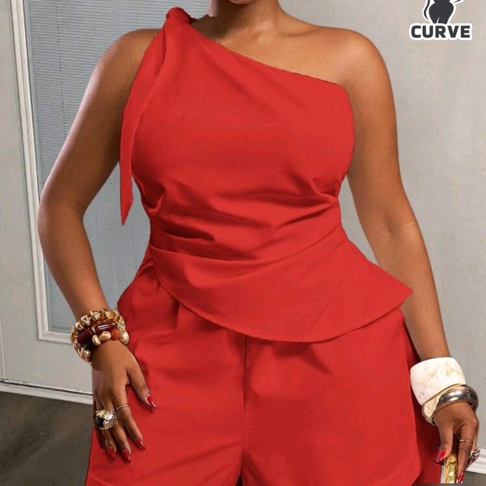 One-Shoulder Red Peplum Top and Shorts Set